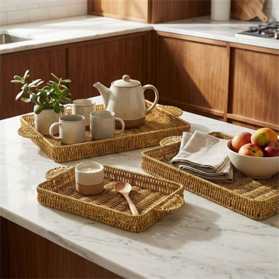 BUFFER® İç İçe Geçebilen 3’lü Dikdörtgen Plastik Rattan Tepsi Seti–Hasır Görünümlü Çok Amaçlı Servis ve Sunum Tepsileri