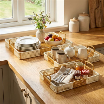 BUFFER® İç İçe Geçebilen 3’lü Dikdörtgen Plastik Rattan Tepsi Seti–Çift Renkli Hasır Görünümlü Çok Amaçlı Servis ve Sunum Tepsileri