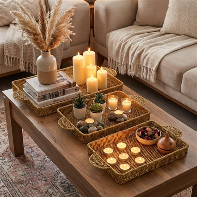 BUFFER® İç İçe Geçebilen 3’lü Dikdörtgen Plastik Rattan Tepsi Seti–Hasır Görünümlü Çok Amaçlı Servis ve Sunum Tepsileri