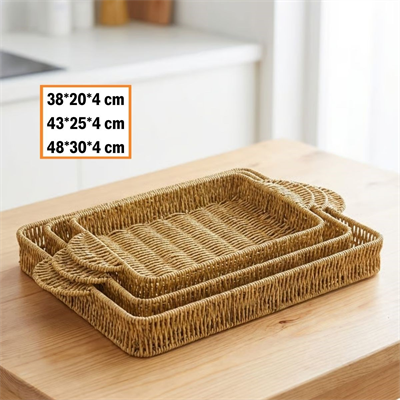 BUFFER® İç İçe Geçebilen 3’lü Dikdörtgen Plastik Rattan Tepsi Seti–Hasır Görünümlü Çok Amaçlı Servis ve Sunum Tepsileri