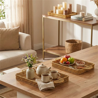 BUFFER® İç İçe Geçebilen 3’lü Dikdörtgen Plastik Rattan Tepsi Seti–Hasır Görünümlü Çok Amaçlı Servis ve Sunum Tepsileri