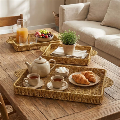 BUFFER® İç İçe Geçebilen 3’lü Dikdörtgen Plastik Rattan Tepsi Seti–Hasır Görünümlü Çok Amaçlı Servis ve Sunum Tepsileri