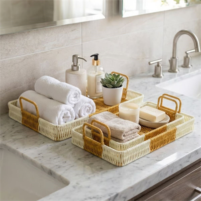 BUFFER® İç İçe Geçebilen 3’lü Dikdörtgen Plastik Rattan Tepsi Seti–Çift Renkli Hasır Görünümlü Çok Amaçlı Servis ve Sunum Tepsileri