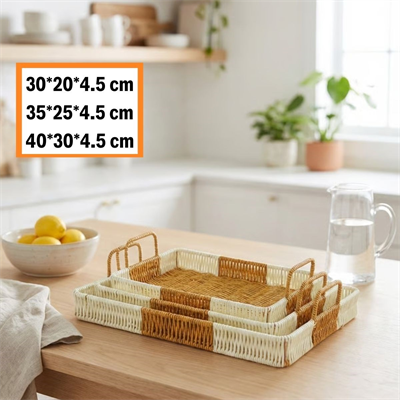 BUFFER® İç İçe Geçebilen 3’lü Dikdörtgen Plastik Rattan Tepsi Seti–Çift Renkli Hasır Görünümlü Çok Amaçlı Servis ve Sunum Tepsileri