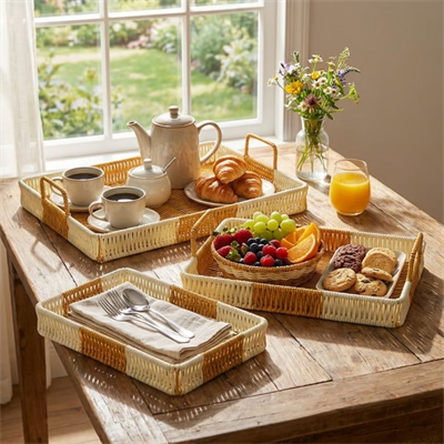 BUFFER® İç İçe Geçebilen 3’lü Dikdörtgen Plastik Rattan Tepsi Seti–Çift Renkli Hasır Görünümlü Çok Amaçlı Servis ve Sunum Tepsileri