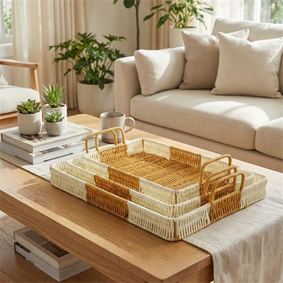 BUFFER® İç İçe Geçebilen 3’lü Dikdörtgen Plastik Rattan Tepsi Seti–Çift Renkli Hasır Görünümlü Çok Amaçlı Servis ve Sunum Tepsileri