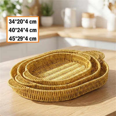 BUFFER® İç İçe Geçebilen 3’lü Oval Plastik Rattan Tepsi Seti–Hasır Görünümlü Çok Amaçlı Servis ve Sunum Tepsileri