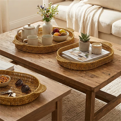 BUFFER® İç İçe Geçebilen 3’lü Oval Plastik Rattan Tepsi Seti–Hasır Görünümlü Çok Amaçlı Servis ve Sunum Tepsileri