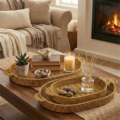 BUFFER® İç İçe Geçebilen 3’lü Oval Plastik Rattan Tepsi Seti–Hasır Görünümlü Çok Amaçlı Servis ve Sunum Tepsileri