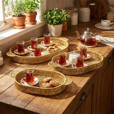 BUFFER® İç İçe Geçebilen 3’lü Oval Plastik Rattan Tepsi Seti–Hasır Görünümlü Çok Amaçlı Servis ve Sunum Tepsileri