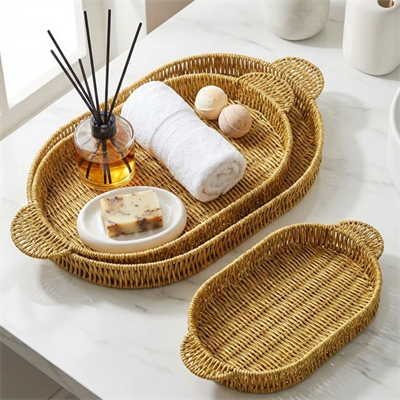 BUFFER® İç İçe Geçebilen 3’lü Oval Plastik Rattan Tepsi Seti–Hasır Görünümlü Çok Amaçlı Servis ve Sunum Tepsileri