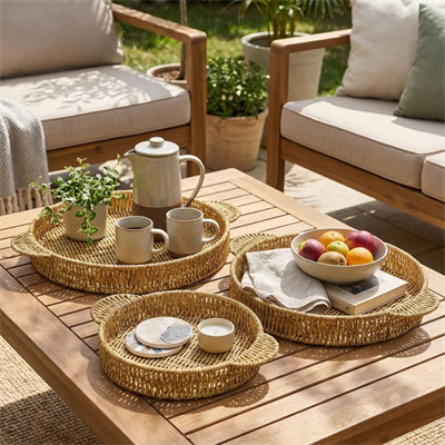 BUFFER® İç İçe Geçebilen 3’lü Yuvarlak Plastik Rattan Tepsi Seti–Hasır Görünümlü Çok Amaçlı Servis ve Sunum Tepsileri