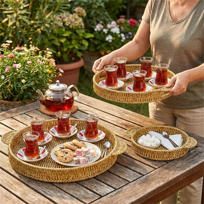 BUFFER® İç İçe Geçebilen 3’lü Yuvarlak Plastik Rattan Tepsi Seti–Hasır Görünümlü Çok Amaçlı Servis ve Sunum Tepsileri