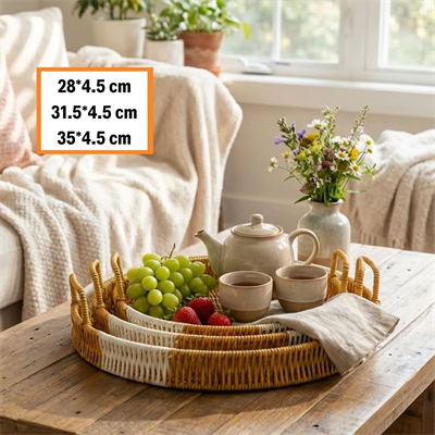 BUFFER® İç İçe Geçebilen 3’lü Yuvarlak Plastik Rattan Tepsi Seti–Çift Renkli Hasır Görünümlü Çok Amaçlı Servis ve Sunum Tepsileri