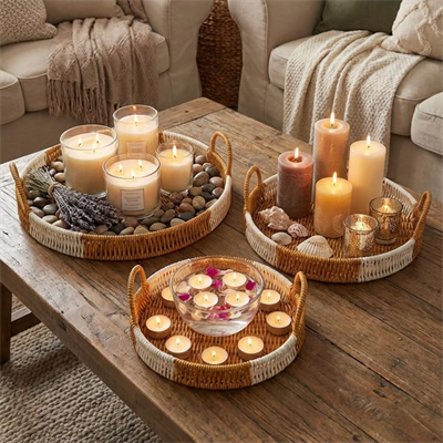 BUFFER® İç İçe Geçebilen 3’lü Yuvarlak Plastik Rattan Tepsi Seti–Çift Renkli Hasır Görünümlü Çok Amaçlı Servis ve Sunum Tepsileri