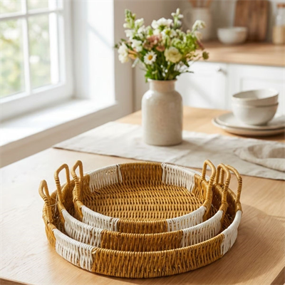 BUFFER® İç İçe Geçebilen 3’lü Yuvarlak Plastik Rattan Tepsi Seti–Çift Renkli Hasır Görünümlü Çok Amaçlı Servis ve Sunum Tepsileri