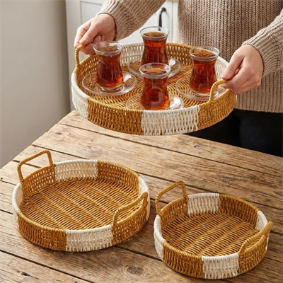 BUFFER® İç İçe Geçebilen 3’lü Yuvarlak Plastik Rattan Tepsi Seti–Çift Renkli Hasır Görünümlü Çok Amaçlı Servis ve Sunum Tepsileri