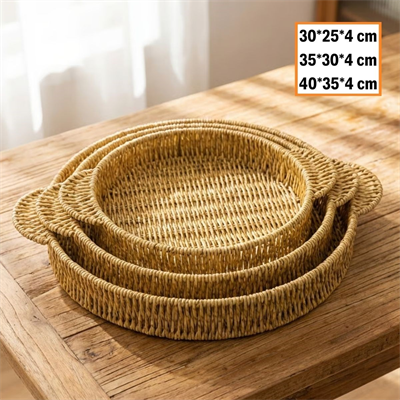 BUFFER® İç İçe Geçebilen 3’lü Yuvarlak Plastik Rattan Tepsi Seti–Hasır Görünümlü Çok Amaçlı Servis ve Sunum Tepsileri