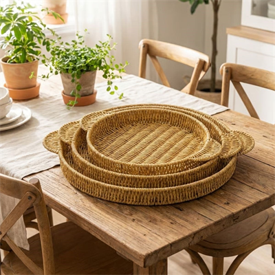 BUFFER® İç İçe Geçebilen 3’lü Yuvarlak Plastik Rattan Tepsi Seti–Hasır Görünümlü Çok Amaçlı Servis ve Sunum Tepsileri