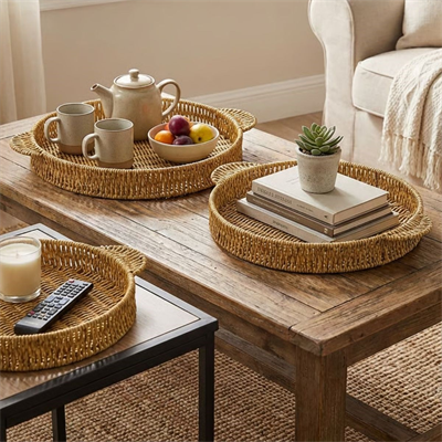 BUFFER® İç İçe Geçebilen 3’lü Yuvarlak Plastik Rattan Tepsi Seti–Hasır Görünümlü Çok Amaçlı Servis ve Sunum Tepsileri