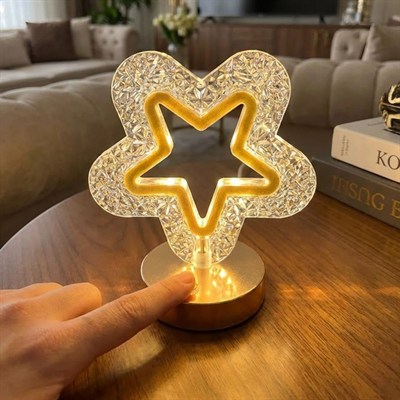 BUFFER® İçi Boş Yıldız Şeklinde Kristal LED Masa Lambası – Dokunmatik, 3 Renk Işık Modlu, Şarjlı Mini Dekoratif Gece Lambası