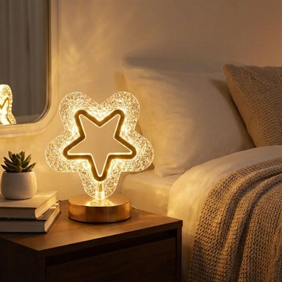BUFFER® İçi Boş Yıldız Şeklinde Kristal LED Masa Lambası – Dokunmatik, 3 Renk Işık Modlu, Şarjlı Mini Dekoratif Gece Lambası