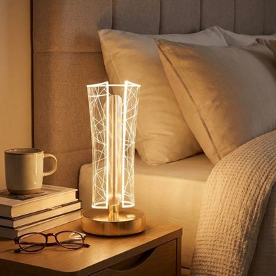 BUFFER® İki Yandan Kavisli Silindirik Geometrik Çizgi Model Kristal LED Masa Lambası – Dokunmatik, 3 Renk Işık Modlu, Şarjlı Dekoratif Gece Lambası