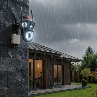 BUFFER® Kablolu Akıllı Güvenlik Kamerası – 4 Kameralı Çok Lensli, 360° PTZ Hareketli, Çift Antenli, Gece Görüşlü, Dış Mekan IP Kamera