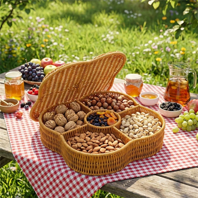 BUFFER® Kapaklı 5 Bölmeli Plastik Rattan Organizer Kutu – Hasır Desenli Çok Amaçlı Saklama ve Sunum Sepeti Çerezlik