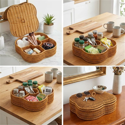 BUFFER® Kapaklı 5 Bölmeli Plastik Rattan Organizer Kutu – Hasır Desenli Çok Amaçlı Saklama ve Sunum Sepeti Çerezlik