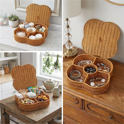 BUFFER® Kapaklı 5 Bölmeli Plastik Rattan Organizer Kutu – Hasır Desenli Çok Amaçlı Saklama ve Sunum Sepeti Çerezlik