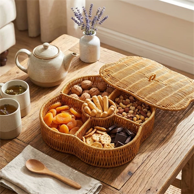 BUFFER® Kapaklı 5 Bölmeli Plastik Rattan Organizer Kutu – Hasır Desenli Çok Amaçlı Saklama ve Sunum Sepeti Çerezlik