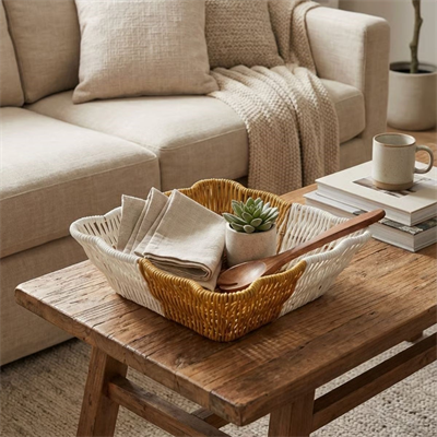 BUFFER® Kare Dalgalı Çift Renkli Plastik Rattan Ekmek ve Meyve Sepeti - Çok Amaçlı Banyo ve Mutfak Düzenleyici - Yıkanabilir Tezgâh Üstü Organizer