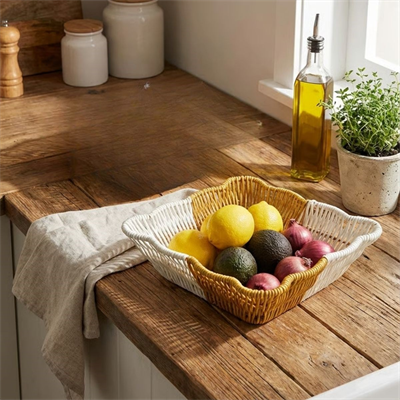 BUFFER® Kare Dalgalı Çift Renkli Plastik Rattan Ekmek ve Meyve Sepeti - Çok Amaçlı Banyo ve Mutfak Düzenleyici - Yıkanabilir Tezgâh Üstü Organizer