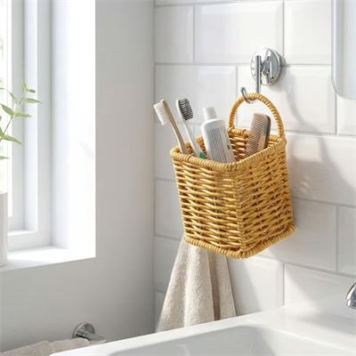 BUFFER® Kare Hasır Dokulu Plastik Rattan Kaşıklık & Çatallık – Askılı Kendiliğinden Tutmalı Çok Amaçlı Mutfak Organizeri