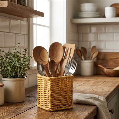 BUFFER® Kare Hasır Dokulu Plastik Rattan Kaşıklık & Çatallık – Askılı Kendiliğinden Tutmalı Çok Amaçlı Mutfak Organizeri