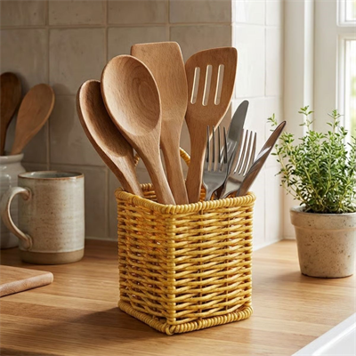 BUFFER® Kare Hasır Dokulu Plastik Rattan Kaşıklık & Çatallık – Askılı Kendiliğinden Tutmalı Çok Amaçlı Mutfak Organizeri