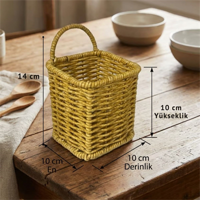 BUFFER® Kare Hasır Dokulu Plastik Rattan Kaşıklık & Çatallık – Askılı Kendiliğinden Tutmalı Çok Amaçlı Mutfak Organizeri