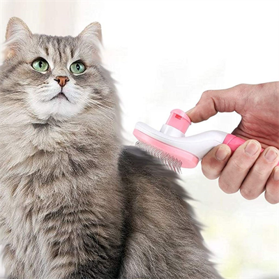 BUFFER® Kedi Köpek Tüy Toplayıcı Kendini Temizleyebilen Ergonomik Saplı Evcil Hayvan Tarağı Pembe