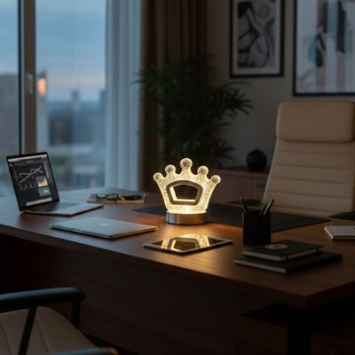 BUFFER® Kral Tacı Model Kristal LED Masa Lambası – Dokunmatik, 3 Renk Işık Modlu, Şarjlı Mini Dekoratif Gece Lambası