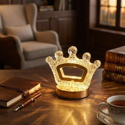 BUFFER® Kral Tacı Model Kristal LED Masa Lambası – Dokunmatik, 3 Renk Işık Modlu, Şarjlı Mini Dekoratif Gece Lambası