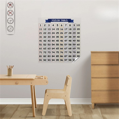BUFFER® Matematik Öğreten Yüzlük Tablo Duvarda İz Bırakmaz Akıllı Kağıt Yapışkansız Statik  60x60 cm