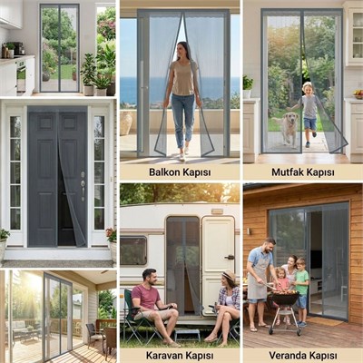 BUFFER® Mıknatıslı Kapı Sinekliği Gri 100x210 cm Otomatik Kapanan Manyetik Tül Sineklik