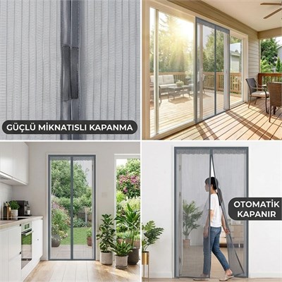 BUFFER® Mıknatıslı Kapı Sinekliği Gri 100x210 cm Otomatik Kapanan Manyetik Tül Sineklik