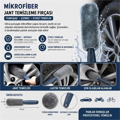 BUFFER® Mikrofiber Jant Temizleme Fırçası Yumuşak Çizmez Saplı Araba Motosiklet Lastik Yıkama Bakım Süngeri