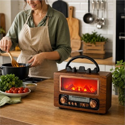 BUFFER® NS-901 Şömine Görünümlü Bluetooth Hoparlör, Nostaljik Radyo ve Kablosuz Müzik Çalar, Dekoratif Retro Tasarım