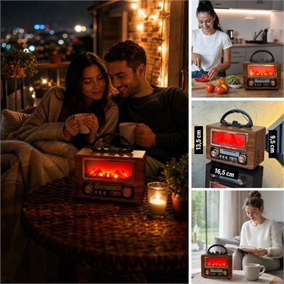 BUFFER® NS-901 Şömine Görünümlü Bluetooth Hoparlör, Nostaljik Radyo ve Kablosuz Müzik Çalar, Dekoratif Retro Tasarım