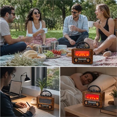 BUFFER® NS-901 Şömine Görünümlü Bluetooth Hoparlör, Nostaljik Radyo ve Kablosuz Müzik Çalar, Dekoratif Retro Tasarım