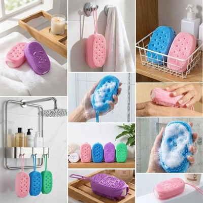 BUFFER® Peeling Etkili Süngerli Silikon Banyo Lifi – Asma Kancalı Duş Kesesi