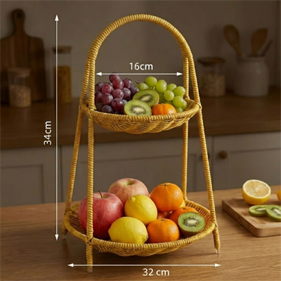 BUFFER® Plastik Rattan İki Katlı Sunumluk–Dekoratif Organizer, Mutfak Meyve,Sebze Sepeti, Banyo Düzenleyici Raf,Masaüstü Çok Amaçlı Sunum Standı